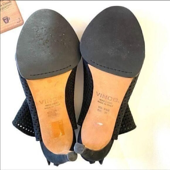 Vince Black Aden Nubuck Leather Perforated Peep Toe Ankle Booties 6.5 - Picture 7 of 7